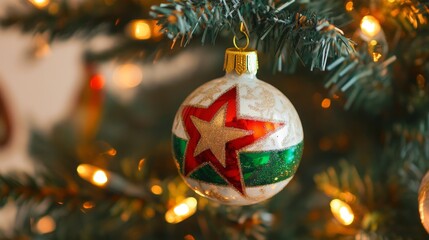 Wall Mural - close-up of a christmas tree decoration with a colorful red, green, and white star ornament hanging on a festive background. the image has a soft focus, shallow depth of field