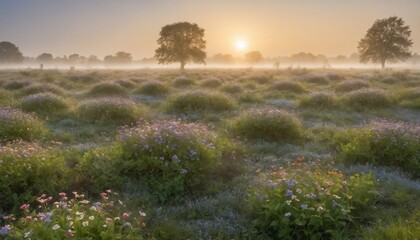 a tranquil sunrise over a misty meadow filled with vibrant wildflowers on a serene summer morning
