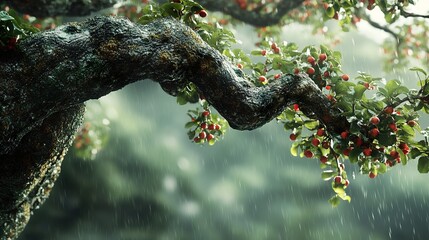 Wall Mural - Rain-Soaked Tree Branch with Red Berries - Nature Photography