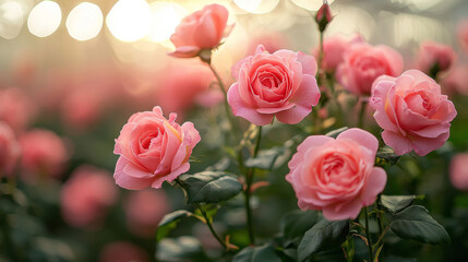 Wall Mural - Delicate pink roses bloom in the soft sunlight.