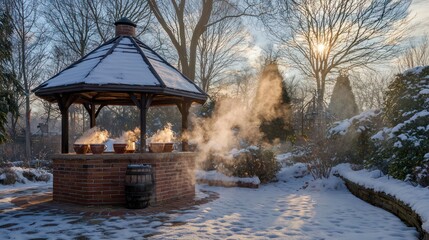 A cozy brick teahouse in a winter garden, steam rising from hot cups against the snowy backdrop, providing a warm haven for garden visitors