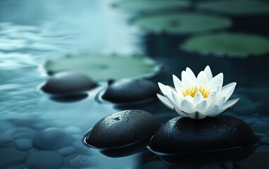 A serene water lily rests on smooth stones in a tranquil pond surrounded by lily pads during early morning light