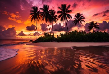 vibrant tropical landscape showcasing stunning sunset silhouetted dancing palm trees colorful sky, beach, horizon, nature, scenery, evening, beauty, light