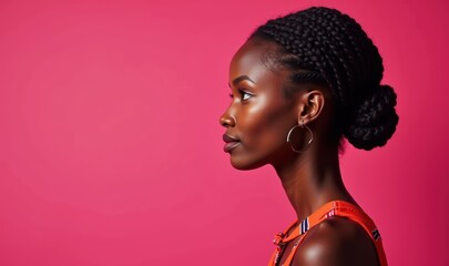 A profile view of a confident woman with braided hair, highlighting her elegance against a vibrant pink backdrop. Ideal for beauty, fashion, or lifestyle promotions.