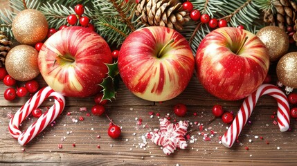 Canvas Print - apples, holly, and berries on an old wooden table