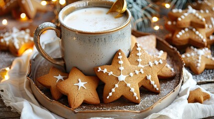 Wall Mural - A ceramic mug with star-shaped gingerbread cookies 