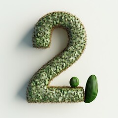 3D number 2 with cactus texture realistic modern design, soft lighting, white background.