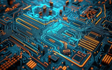 Poster - Intricate close-up of a vibrant circuit board showcasing detailed electronic pathways and components in bright blue and orange hues