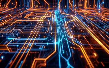 Poster - A vibrant network of glowing blue and orange circuit paths illuminated on a digital surface showcasing advanced technology