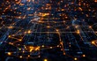 © BYAI - A dynamic digital network illuminated by orange and blue lights, showcasing connections in a futuristic cityscape at night