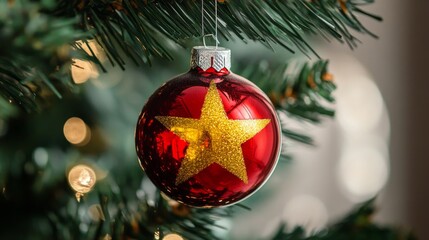 close-up of a red christmas tree ornament with a yellow star hanging from a branch, with a blurred background. christmas decoration concept