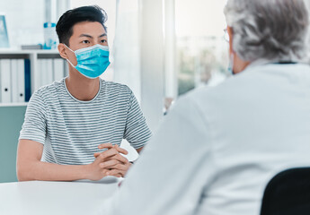 Canvas Print - Doctor, asian patient and consultation with mask for disease diagnosis, medical results and flu virus advice. Medicine, professional and talking in clinic office for healthcare support or appointment