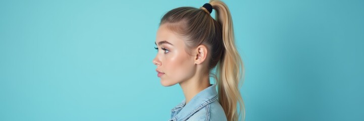 A side profile of a young woman with a ponytail against a vibrant blue background, showcasing modern beauty and style.