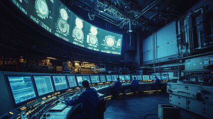 Poster - Engineers in dark blue overalls collaborate at advanced control station during a high-tech operational briefing