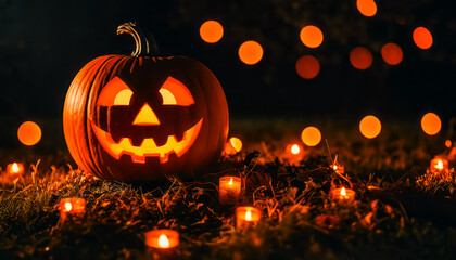 Halloween still life background  , Halloween pumpkin with scary face. Jack-o-lantern in the dark