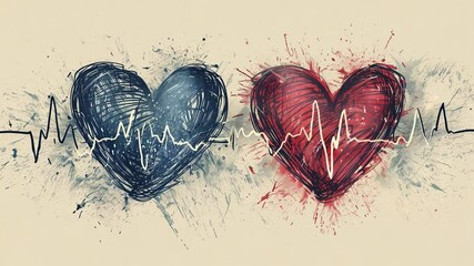 Poster - Two hearts, one blue and one red, are depicted alongside a heartbeat line, symbolizing the emotional connection between love and life in an artistic manner.