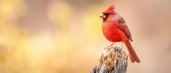 Wall Mural -  A red bird atop a weathered wooden post against a backdrop of blurred autumn foliage in shades of yellow and brown