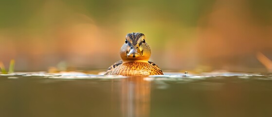  A tight shot of a duck submerged in water, surrounded by foreground grasses, and a softly blurred background