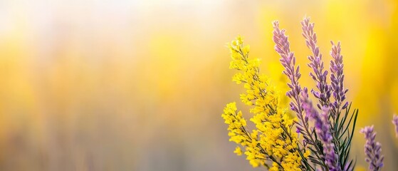  A tight shot of a bouquet of flowers, with a hazy backdrop of yellow and purple blossoms