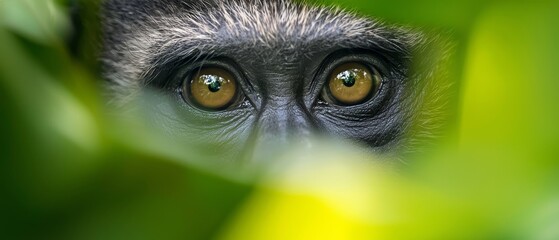  A tight shot of a monkey's expressive eyes surrounded by verdant green leaves Background softly blurred