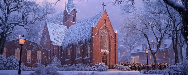 A gothic brick church at dusk, its spires covered in snow, with soft choral music drifting out into the cold air, inviting the neighborhood inside for a warm and reflective evening service