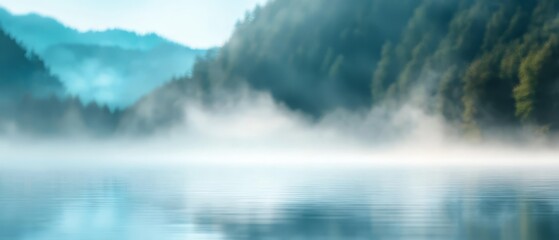 Wall Mural -  A scene featuring a body of water with trees behind, mist hovering over the water's surface, and a clear blue sky overhead