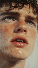 Wall Mural - Close-up Portrait of a Man with Wet Skin and Blue Eyes