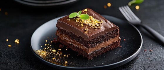 Wall Mural -  A chocolate cake, neatly positioned on a plate, is accompanied by a fork and a knife nearby