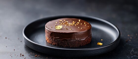 Wall Mural -  A chocolate cake slice with gold sprinkles on a black plate against a black surface