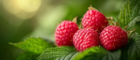  A cluster of red raspberries atop a verdant, foliage-rich plant; sunlight filtering through the vibrant leaves