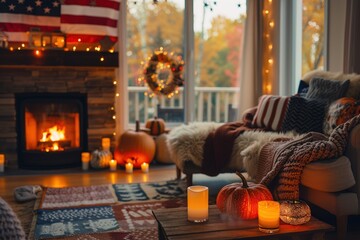 Cozy Columbus Day Living Room with Fall Decor and Subtle American Flag in Soft Lighting