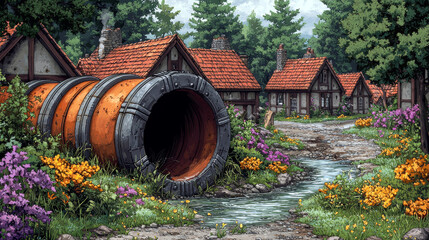 Canvas Print - A large rusty pipe empties into a small stream running through a quaint village.