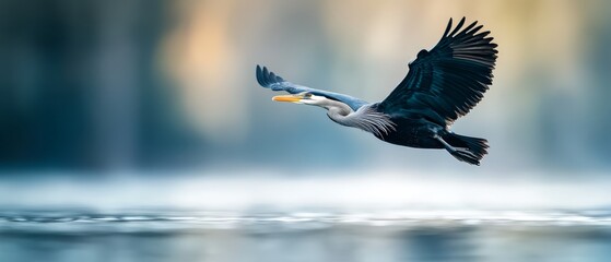 Wall Mural -  A bird flies above a tranquil body of water, holding a wriggling fish in its beak In the backdrop, a majestic waterfall cascades down