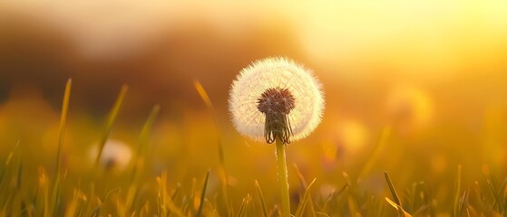 Poster -  A tight shot of a dandelion amidst a sea of grass, bathed in sunlight filtering through the towering blades