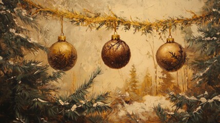 Wall Mural - An evergreen tree with a snowy ground and distant trees displays decorative Christmas ornaments among its branches