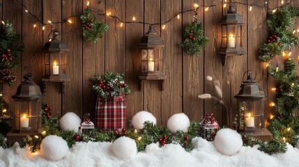 With lanterns, candles, and ornaments against a rustic wooden background, this winter holiday decoration is both cozy and festive