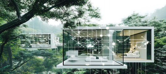Poster - A futuristic world with floating smart homes and interconnected digital networks