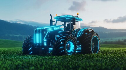 During a sunny day, a futuristic tractor is surrounded by digital technology in a vibrant field