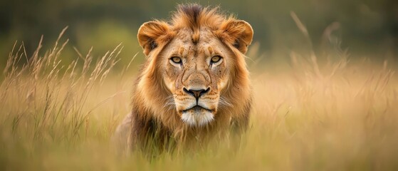  A close-up of a lion in tall grass, gazing at the camera with a serious expression