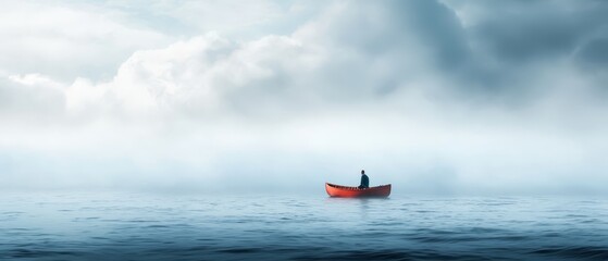 Poster -  A man in a red boat floats in the center of a body of water The backdrop is a cloudy, gray sky