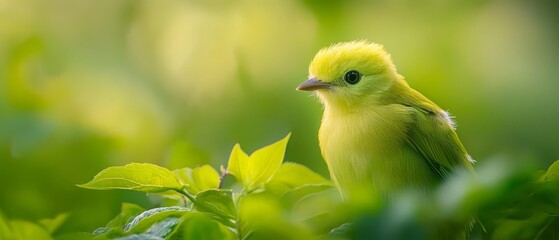 Wall Mural -  A small yellow bird sits atop a green branch, lush with foliage, in a forest teeming with verdant leaves