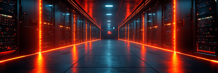 Wall Mural - Red neon lights illuminate a server room hallway.