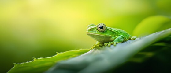  A tight shot of a green frog perched on a textured leaf Background softly blurred, presenting a vibrant green hue