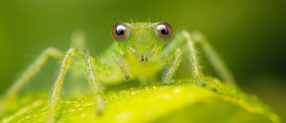 Sticker -  A tight shot of a green insect perched on a verdant leaf, dotted with water beads on its visage – eyes included