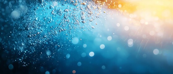 Poster -  A tight shot of water droplets on a window, surrounded by a blue background sky, and a foreground with overlapping hues of yellow and blue