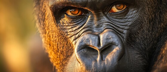 Wall Mural -  A tight shot of a monkey's expressive face with depth in its eyes and a hazy, indistinct backdrop