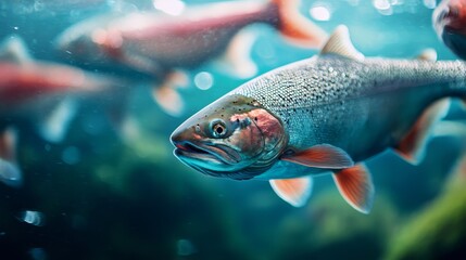  A collection of fish swimming in unison in a water body, accompanied by rising bubbles at the surface