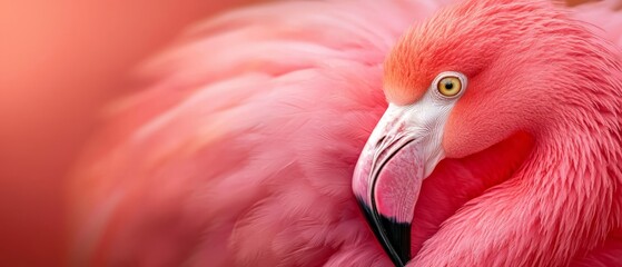 Wall Mural -  A tight shot of a pink flamingo's head and neck against a softly blurred backdrop of feathers