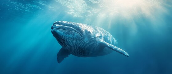 Wall Mural -  A humpback whale swims beneath the water's surface as sunlight streams through it