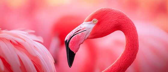 Wall Mural -  A tight shot of a pink flamingo with indistinct background flamingos